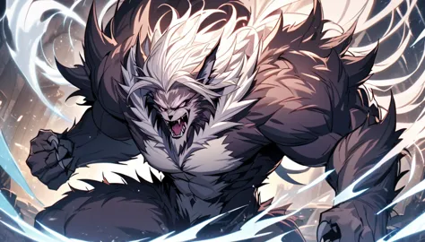 Handsome, a werewolf demon with sharp claws, single, 1 male, long, white hair, purple eyes, enormous power swirling like ice mix...