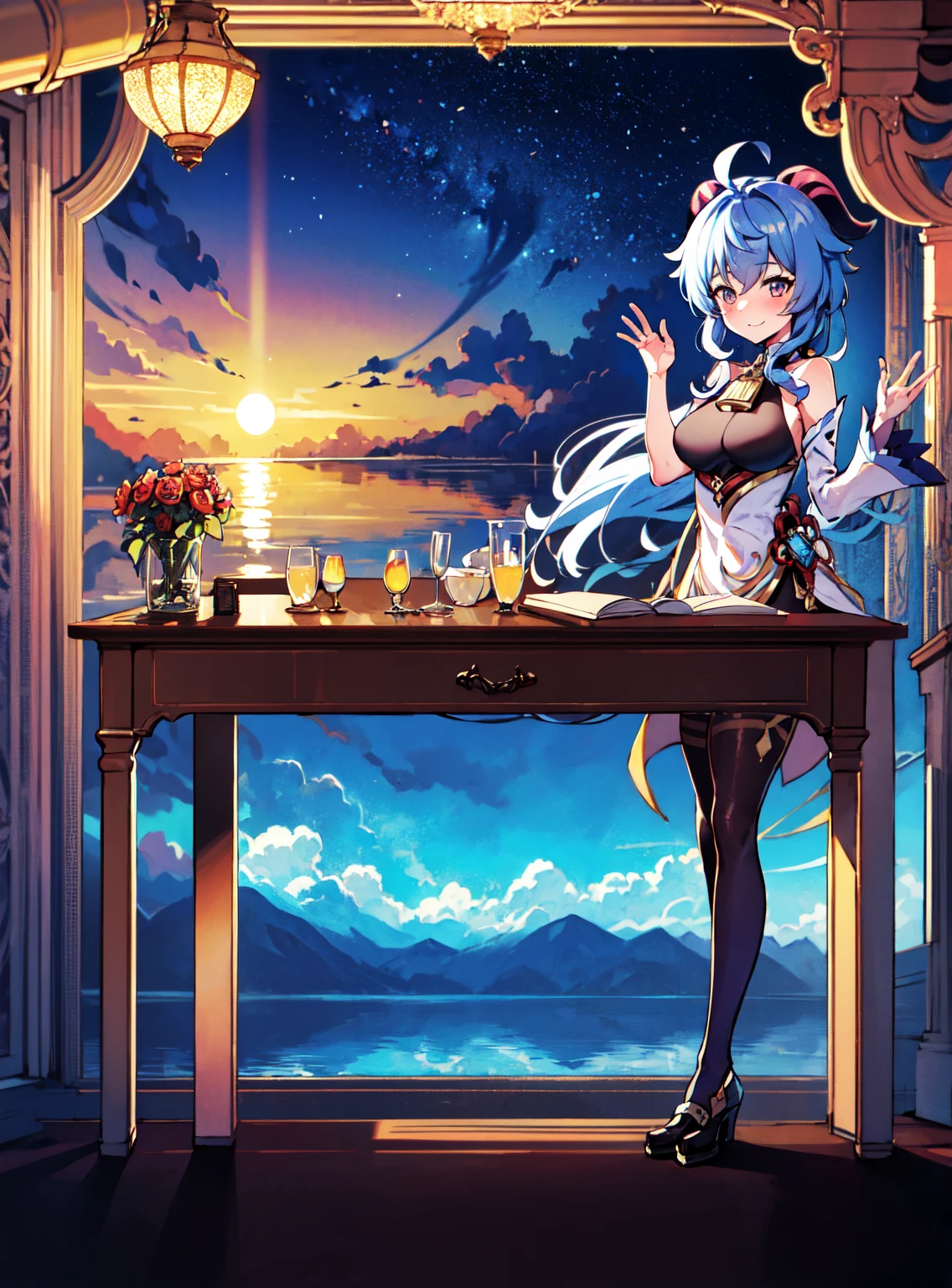 Very detailed,Pieces fly, Highest quality, Anime Images, Anime style etc.., Hired \(Genshin Impact\), Sit at the table, View from above, smile, 1 Girl, Twin Horn, ticker,Fits your body type, I can see the pussy , blush, Colorful pastel fantasy,Sexy pose,Very detailed background,Nice views,Beautiful and beautiful scenery,（（Very detailed landscape））,Incredibly high quality,Night Sky