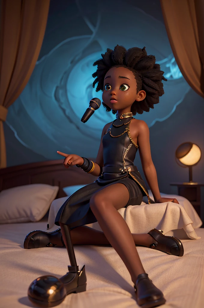 13 year old black girl, work of art, best qualityer, (Extremely detailed CG 8k unity wallpaper), (best qualityer), (Best illustration), (best shade), absurderes, realistic lighting, (abyss), beautiful detailed glowing, sitting on the bed, holding a microphone