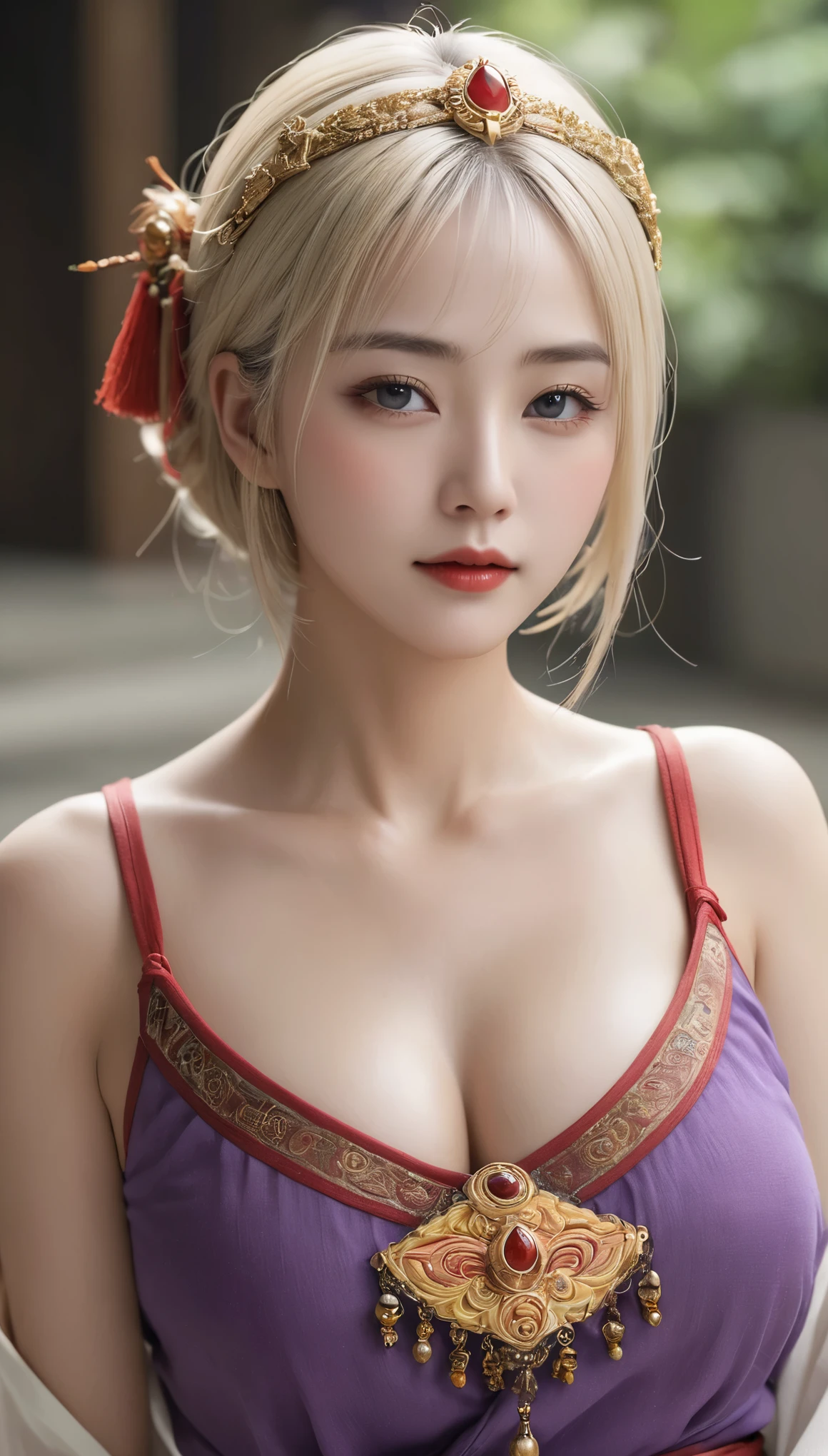 (Ultra-realistic)、Ancient Priestess、のFemale Shaman、
Expansiveness　Beauty　high resolution　High resolution　Realistic　short hair　Blonde、　Blondeの女性、Mature Woman、Middle-aged women、((Big big))、Detailed skin texture、超High resolution、Realistic、Voluptuous figure、Laughter、Middle-aged beauty、Beautiful expression、Exquisite red and black areola 、Little purple eyelids long blonde hair、Kamimei、非常に繊細でDetailed skin texture、３５Female Shaman、{(Ancient ornate and luxurious temple)、(Many torches are burning)}、Ancient Priestess、Big cleavage、Plunging neckline、Big Red Lips、(Colorful, glamorous clothing and gorgeous accessories)、I have a gorgeous platinum cane、