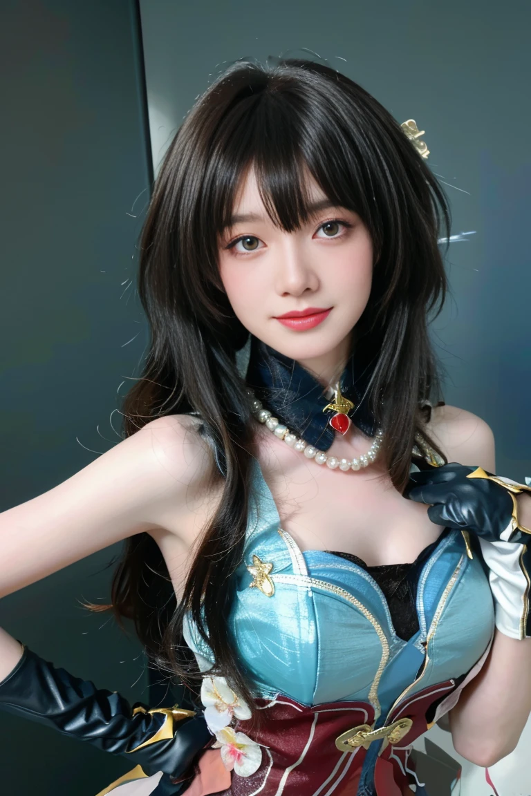 best quality, tmasterpiece,Ultra-high resolution,Clear face,（Reality：1.4），ferpect lighting，upper body photo), (photorealistic:1.50), anime wallpaper, Guviz style artwork, cover-up fantasy up to magic , by Yang J, Guviz, beautiful artwork illustration, beautiful digital artwork, beautiful digital illustration, Li Song, beautiful anime portrait, art style in Beauvot, 1girl, solo, full body, looking at viewer, smiling, closed mouth, bangs, hair between eyes, RUANMEI cosplay costume, chinese dress, chinese clothing, cosplay, RUANMEI, dress, gloves, elbow gloves, hair decoration, jewelry, high heels, indoor, In the room,