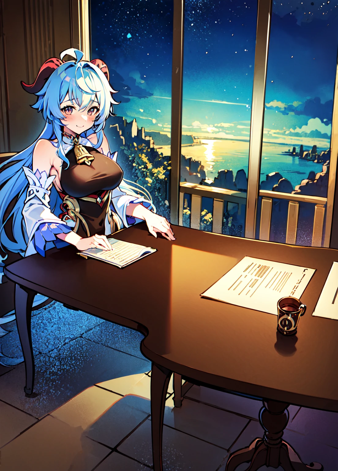 Very detailed,Pieces fly, Highest quality, Anime Images, Anime style etc.., Hired \(Genshin Impact\), Sit at the table, View from above, smile, 1 Girl, Twin Horn, ticker,Fits your body type, I can see the pussy , blush, Colorful pastel fantasy,Sexy pose,Very detailed background,Nice views,Beautiful and beautiful scenery,（（Very detailed landscape））,Incredibly high quality,Night Sky