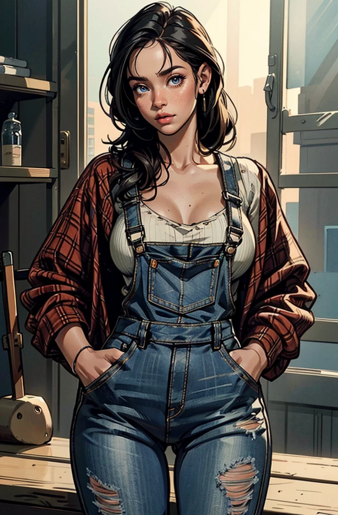 1 woman miner, detailed portrait, beautiful detailed eyes, beautiful detailed lips, extremely detailed face, long eyelashes, overalls, open clothing, denim, flannel, slouchie sneakers, action pose, full body, dirty, dusty atmosphere, crepuscular rays, (best quality,4k,8k,highres,masterpiece:1.2),ultra-detailed,(realistic,photorealistic,photo-realistic:1.37),HDR,UHD,studio lighting,ultra-fine painting,sharp focus,physically-based rendering,extreme detail description,professional,vivid colors,bokeh,concept art
