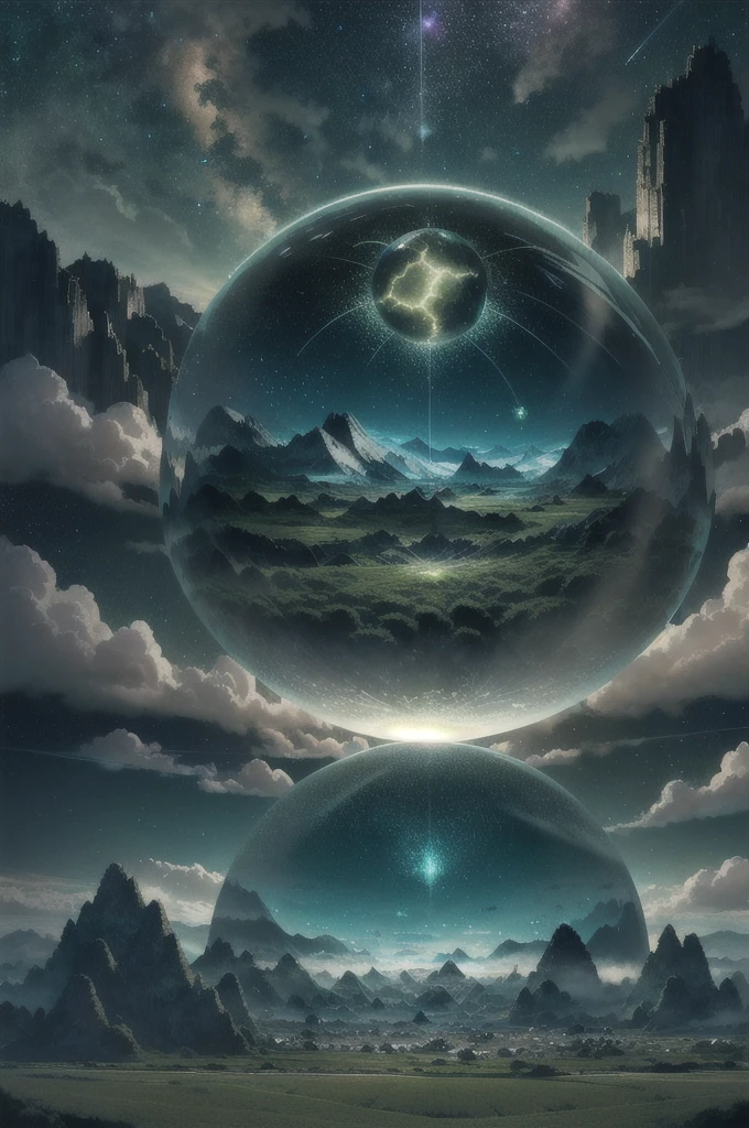 A giant sphere of mirrors floating in space, flickering lights, lost sad hamster (sky like green fields surrounded by high mountains and clouds:1.3), particles in the air, godrays, stars in background, intricate fractals, detailded, (illustration), work of art, high resolution, best qualityer.