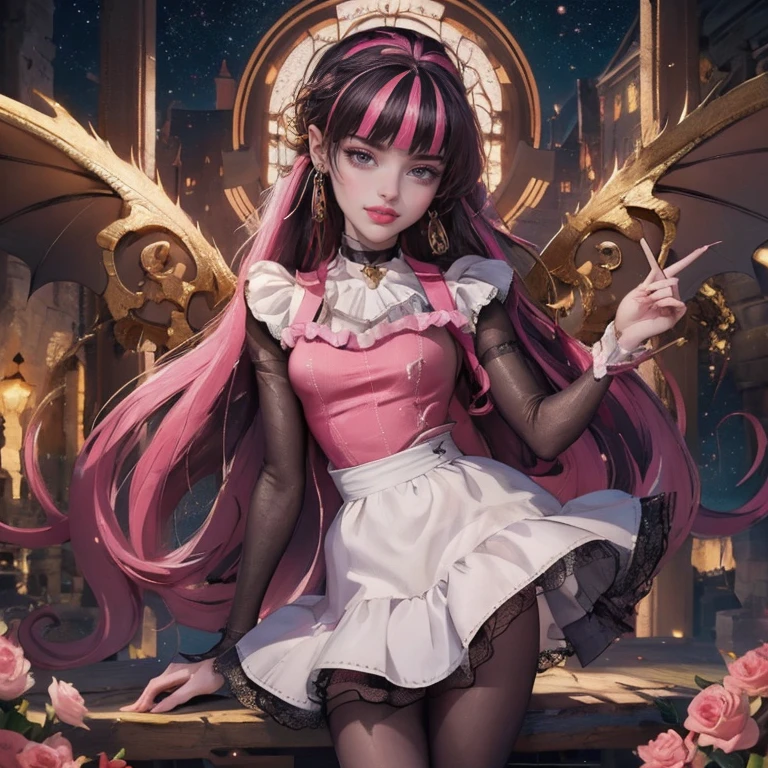 1 girl, a girl with bat wings, bat choker, necklace, centered, bat jewelry, gold bat Jewelry, smile, vampire fangs, (looking at viewer), Draculaura_MH, wavy hair, Alone, half black hair, half pink hair, multicolored hair, long hair, space scenery, seat on the saturn rings, maid dress, white apron, maid apron, maid headdress, white skirt, pink knee boots, smiling, depth of field, film composition, more details, maid dress, black maid headdress, black maid apron, bat wings, white dress, black dress with transparency, black laces, pink gloves, black high socks , boots of high hills, bat jewel, jewel, Draculaura_(school of monsters), solo, alone, Looking at the viewer, More details on the clothes, magenta roses on her hair, space scenery, maid, maid dress, magenta details, magenta roses, maid headdress, maid apron, purple hair, long hair, seat on the Saturn rings, bats details on her clothes, more details on her clothes, gold details on her clothes, space, smiling, standing her hand to a viewer, looking at the viewer, in the background a several asteroids glowing with fiery auras, Dramatic lighting from distant stars and planets illuminates the scene, looking at the vast and mysterious universe, cowboy shot, upper body portrait, more details, sparkle,