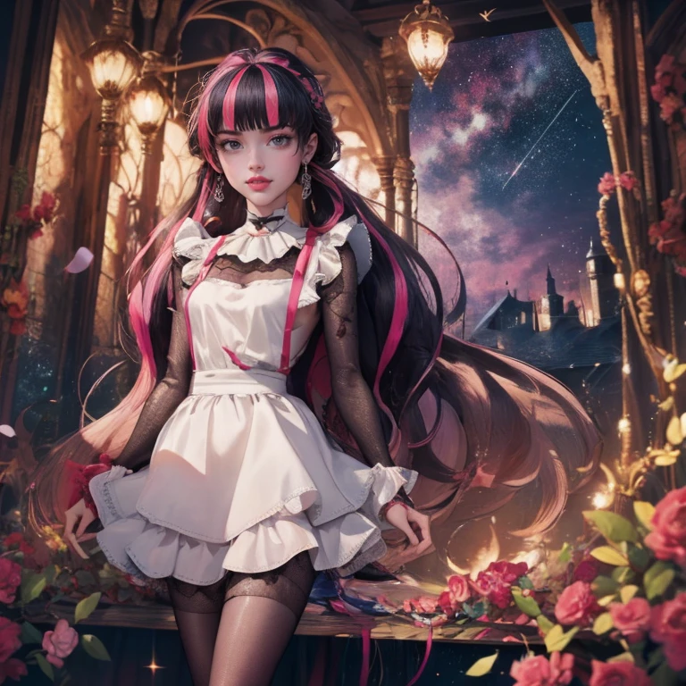 1 girl, a girl with bat wings, bat choker, necklace, centered, bat jewelry, gold bat Jewelry, smile, vampire fangs, (looking at viewer), Draculaura_MH, wavy hair, Alone, half black hair, half pink hair, multicolored hair, long hair, space scenery, seat on the saturn rings, maid dress, white apron, maid apron, maid headdress, white skirt, pink knee boots, smiling, depth of field, film composition, more details, maid dress, black maid headdress, black maid apron, bat wings, white dress, black dress with transparency, black laces, pink gloves, black high socks , boots of high hills, bat jewel, jewel, Draculaura_(school of monsters), solo, alone, Looking at the viewer, More details on the clothes, magenta roses on her hair, space scenery, maid, maid dress, magenta details, magenta roses, maid headdress, maid apron, purple hair, long hair, seat on the Saturn rings, bats details on her clothes, more details on her clothes, gold details on her clothes, space, smiling, standing her hand to a viewer, looking at the viewer, in the background a several asteroids glowing with fiery auras, Dramatic lighting from distant stars and planets illuminates the scene, looking at the vast and mysterious universe, cowboy shot, upper body portrait, more details, sparkle,