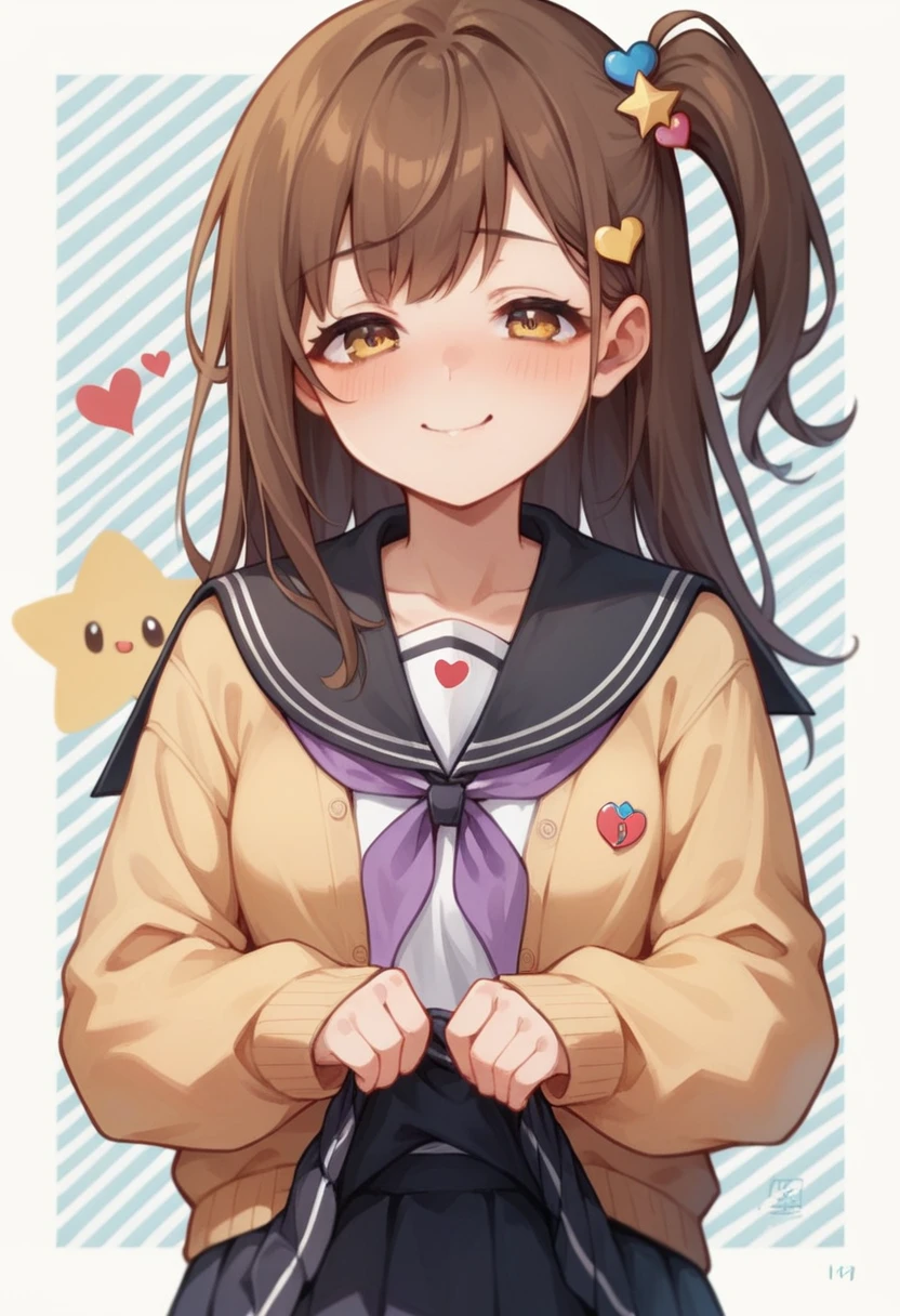 NSFW,Ichige style, One girl, alone, Brown Hair, heart, hair ornaments, , Side Ponytail, smile, Embarrassing,View your viewers, neckerchief, Upper Body, heart hair ornaments, cardigan, Sailor collar, Seraphim, black Sailor collar, bangs, Yellow Eyes, Mouth closed, Long Hair, Brown eyes, purple neckerchief, Striped background, clavicle, Striped, Polka dot pattern, star (symbol),skirt lift,pussy juice,