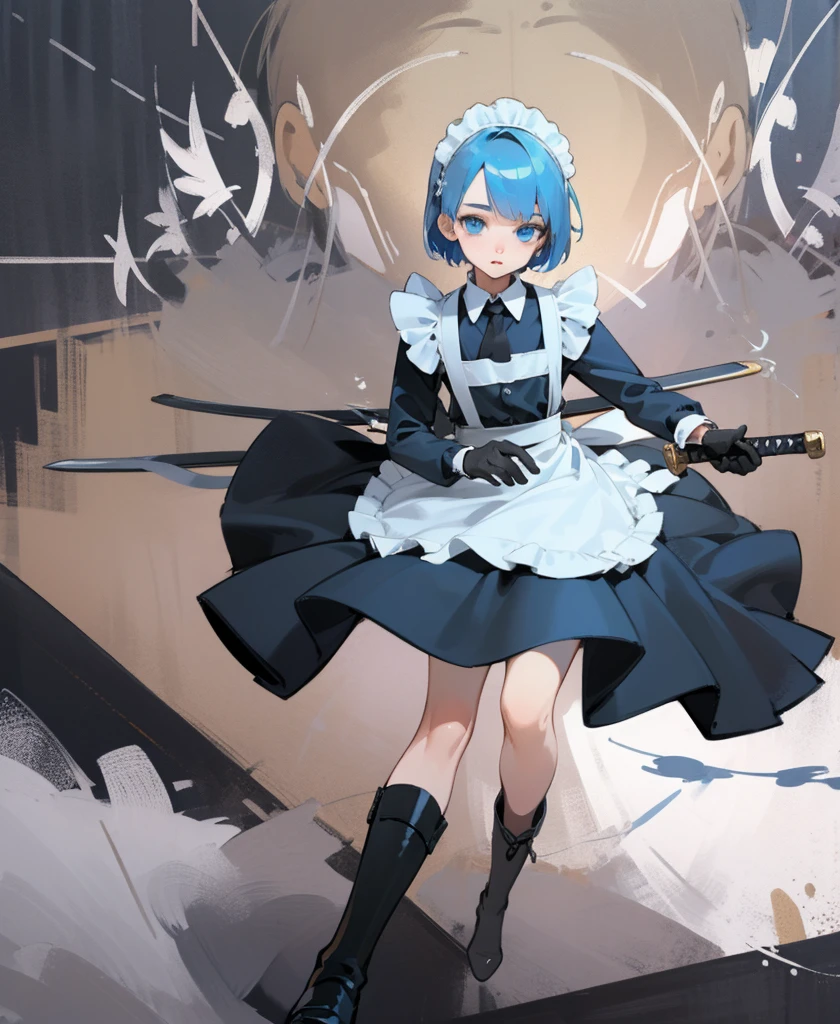 (masterpiece), ((Highest quality)), (Very detailed), (Beautiful eyes Beautiful details Eyes, Clean and delicate face), alone, Severe, Sword Drawing Technique, Blue Bob Hair, (blue eyes, Maid Fashion, White collar, mini skirt), thigh, Black gloves, Black Army Boots