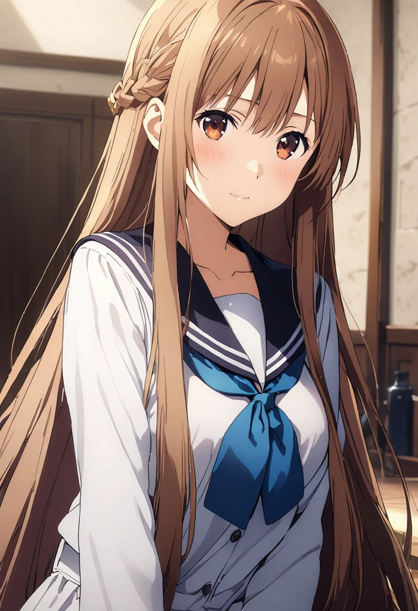 Highest quality、Super detailed、High resolution illustrations、Ultra-high-definition CG、８k size wallpaper、Production Art、Light novel illustrations、asuna yuuki, long hair, bangs, brown hair, brown eyes, very long hair, braid, Black winter sailor uniform