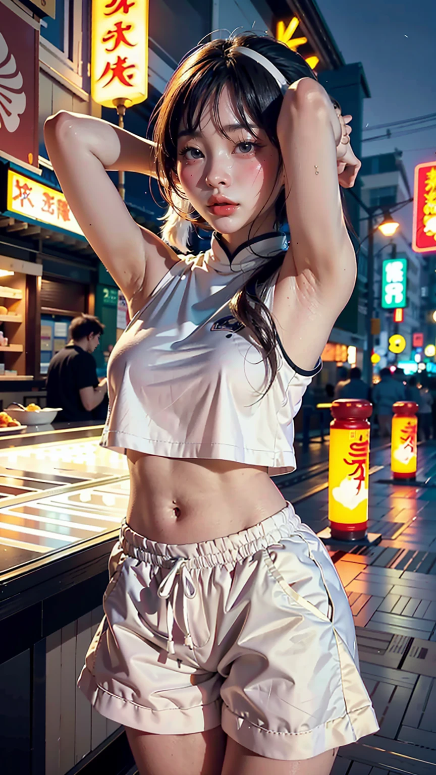 1 Girl, Beautiful, Baby Face, 20 Years Old, White Skin, Colossal Breasts, Sexy Pose, arms up, sweet armpits, Pastel Colour Anime Outfit Coatumes, ((Pastel Colout Outfit)), ((Grey Eye)), Muscles, Bokeh, Chinese Street Background, Masterpiece, ((Night))