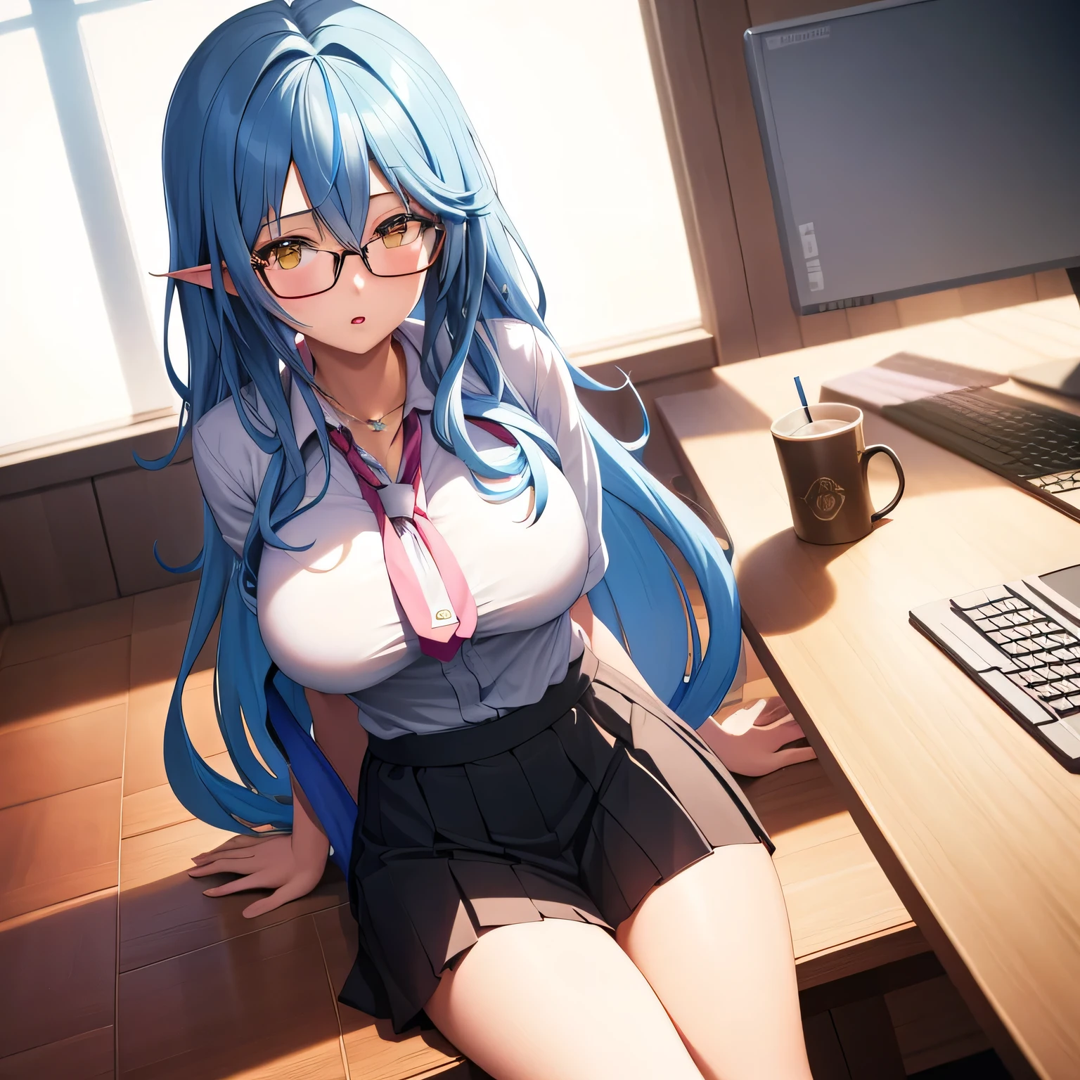 masterpiece, best quality, 1girl, solo, blush, yukihana lamy, long hair, hair between eyes, glasses, ((office clothes)), sitting, working on computer, coffee cup on table, office room, indoor, daylight, movie poster, extremely detailed 8K, smooth, high resolution, ultra quality, cinematic lighting, ambient occlusion, hd, 2k, 4k, 8k, 16k, extremely detailed anime, detailed faces, perfect composition, wide shot, atmospheric lighting, 