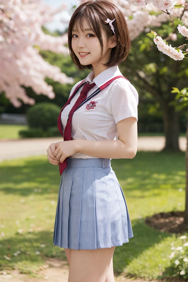 short hair, very sexy, 20 years, ((in sexy schooluniform, seductive)), stand in a Garden, cherrytree, enjoying the sun, very happy, big , nsfw, 