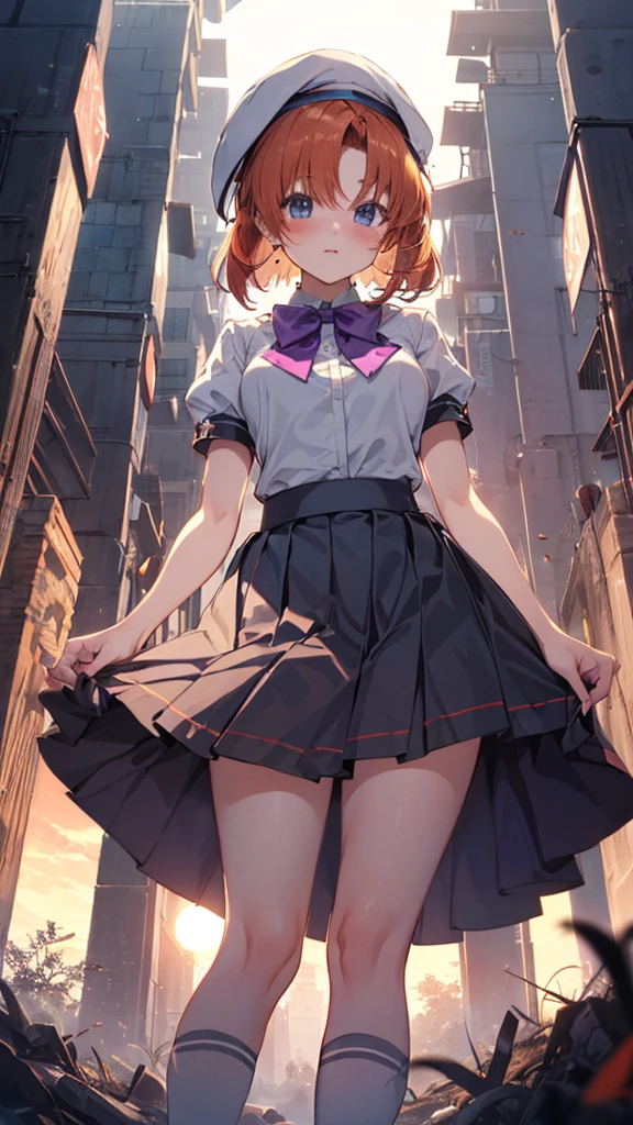 Twilight,Orange sun,Rena Ryuuguu, Orange Hair, short hair, blue eyes,Mountain of bulky trash,
(White Beret), bow, bowtie,(White Dress:1.2),White Skirt,Have, puffy Short sleeve, Puffy sleeves, purple bow, purple bowtie, Short sleeve, Black knee socks, zettai ryouiki,blush,(From below:1.3),(Big skirt flip:1.5), ((Grab the skirt:1.3)), (Skirt tHave rolls up:1.3),stand,(Leg spread:1.3),No underwear,masterpiece,Noise Reduction,Perfect Anatomy,High resolution, Super detailed,Game CG,Beautiful attention to detail,Visual Arts,Five Fingers, Perfect hands, Perfect lighting,