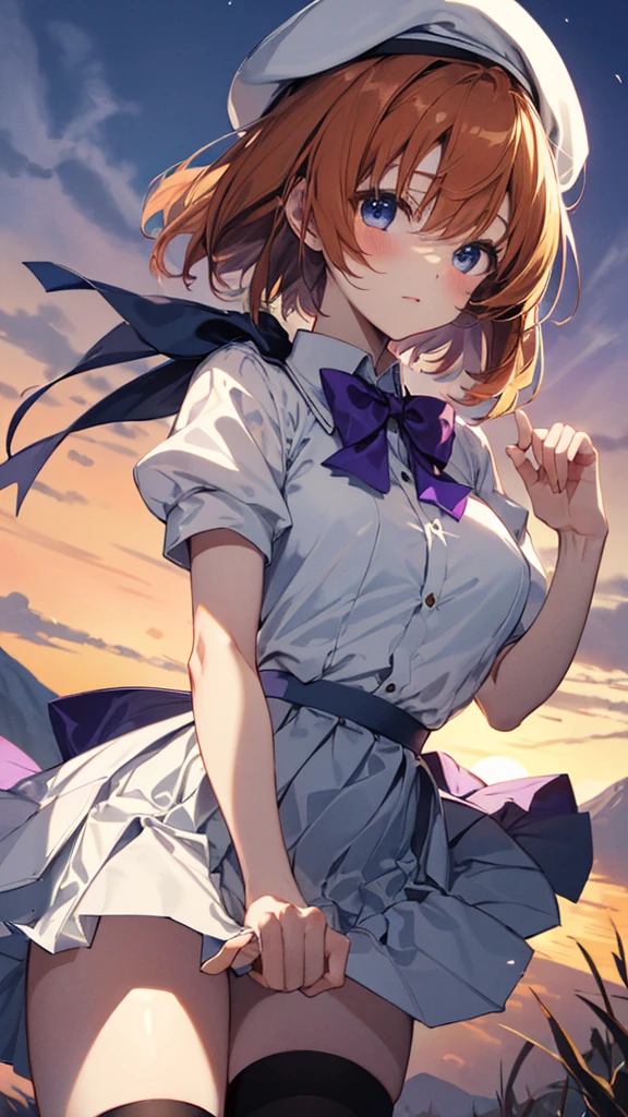 Twilight,Orange sun,Rena Ryuuguu, Orange Hair, short hair, blue eyes,Mountain of bulky trash,
(White Beret), bow, bowtie,(White Dress:1.2),White Skirt,Have, puffy Short sleeve, Puffy sleeves, purple bow, purple bowtie, Short sleeve, Black knee socks, zettai ryouiki,blush,(From below:1.3),(Big skirt flip:1.5), ((Grab the skirt:1.3)), (Skirt tHave rolls up:1.3),stand,(Leg spread:1.3),No underwear,masterpiece,Noise Reduction,Perfect Anatomy,High resolution, Super detailed,Game CG,Beautiful attention to detail,Visual Arts,Five Fingers, Perfect hands, Perfect lighting,