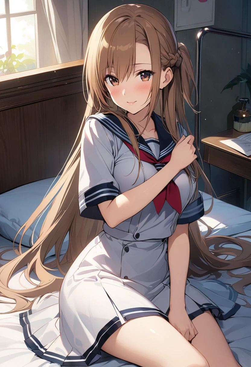 Highest quality、Super detailed、High resolution illustrations、Ultra-high-definition CG、８k size wallpaper、Production Art、Light novel illustrations、asuna yuuki, long hair, bangs, brown hair, brown eyes, very long hair, braid, Black winter sailor uniform、Lying on the bed in the nurse&#39;s office