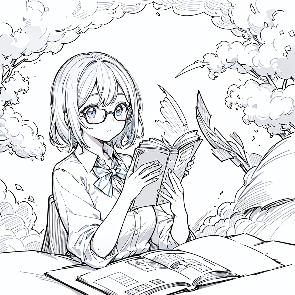 A girl,close up, wearing white shirt, reading a book, (best quality:1.3), (highres:1), (detailed:1.3), (incredible:1.3), (perfect:1.3), (perfection:1.3), (illustration:1.3), she's getting fun while reading it, dynamic on scene,Wear glasses