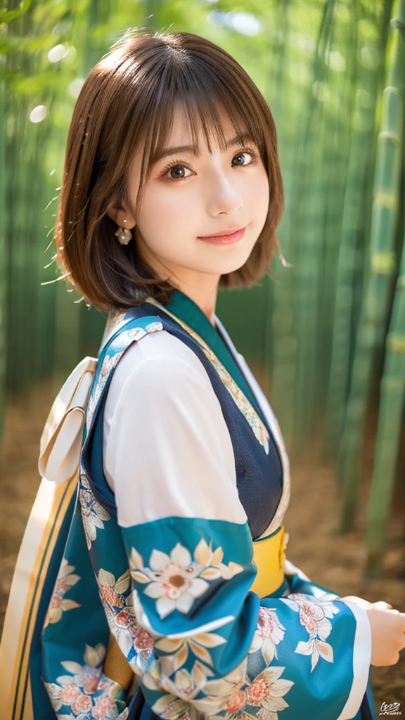 mAsterpiece, best quAlity, ultrA-detAiled, kAwAii, Niedlich, Schön, sexy,, extremely detAiled, 4K, 8K, best quAlity, beAutiful, reAlistic,Allein, , beAutiful light brown hAir, beAutiful eyes, short hAir, eArrings, leichtes Lächeln, traditional japanese Kimono, lens flAre, lAtex, in a japenes bamboo forest, wearing beautiful komono