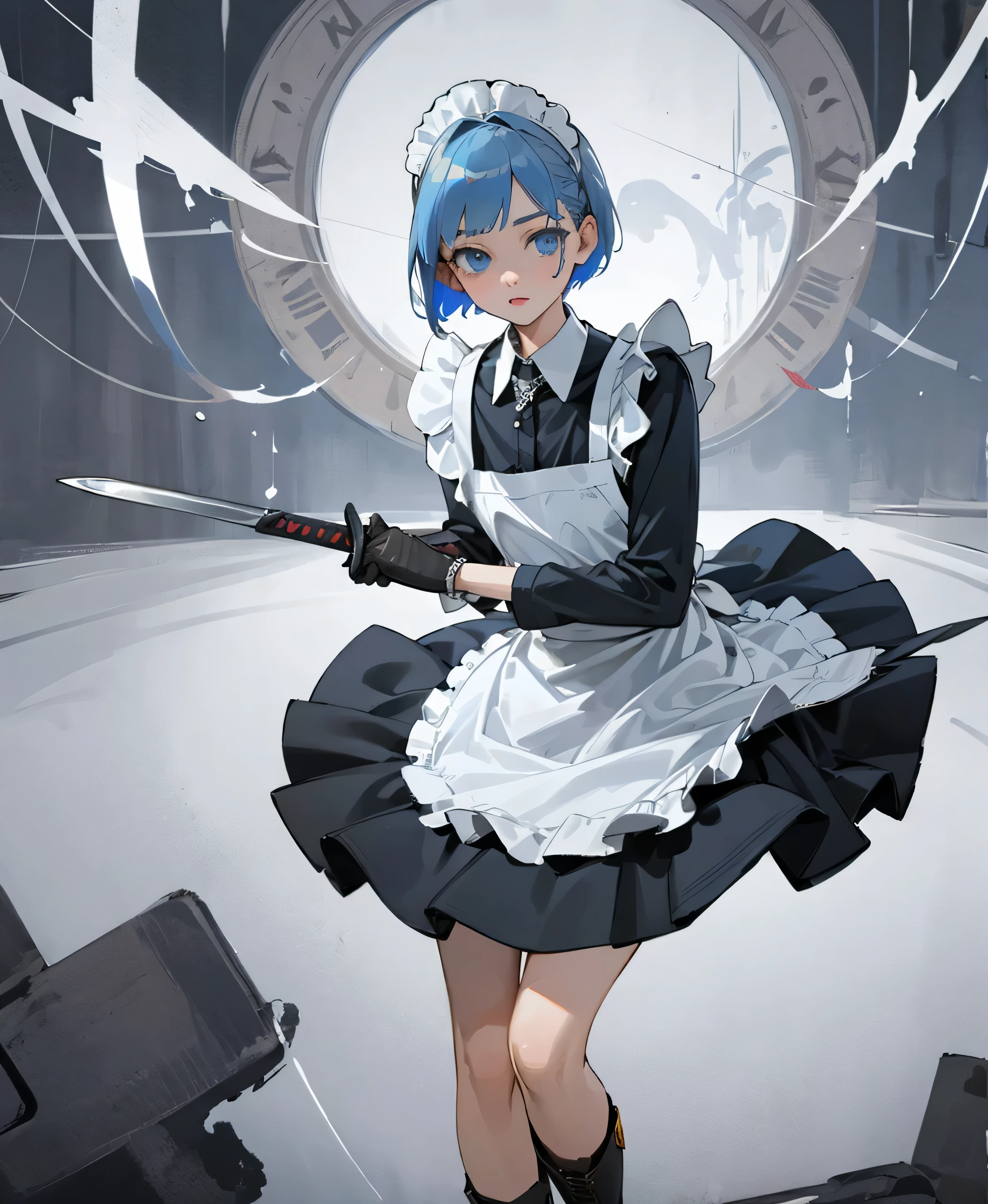 (masterpiece), ((Highest quality)), (Very detailed), (Beautiful eyes Beautiful details Eyes, Clean and delicate face), alone, Severe, Sword Drawing Technique, Blue Bob Hair, (blue eyes, Maid Fashion, White collar, mini skirt), thigh, Black gloves, Black Army Boots