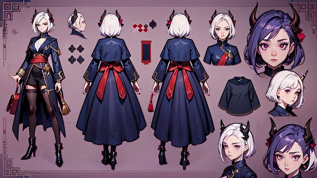 (masterpiece, Highest quality), detailed, One girl, ((Character Concept Art)), ((Character design sheet, same characters, front, ~ side, return)), Many items, (Adventurer Guild Leader Uniform, Former Dungeon Explorer, Jewelry decoration, Royal cloth, Many parts), black demon horns, Unicorn horn, detailed purple eyes, detailed face, various expressions, Small B Cup , White hair and white skin, detailed hair, Formal style haircut, detailedが満載.