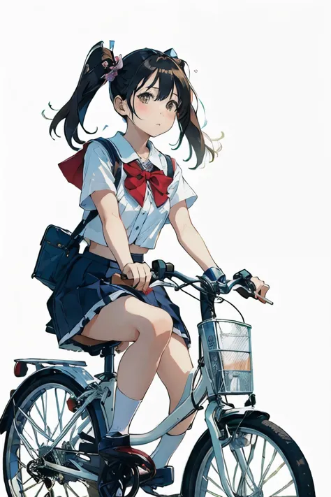 (masterpiece, Highest quality:1.2), One girl,  (Twin tails)、ride a bicycle, alone, A look of disgust,