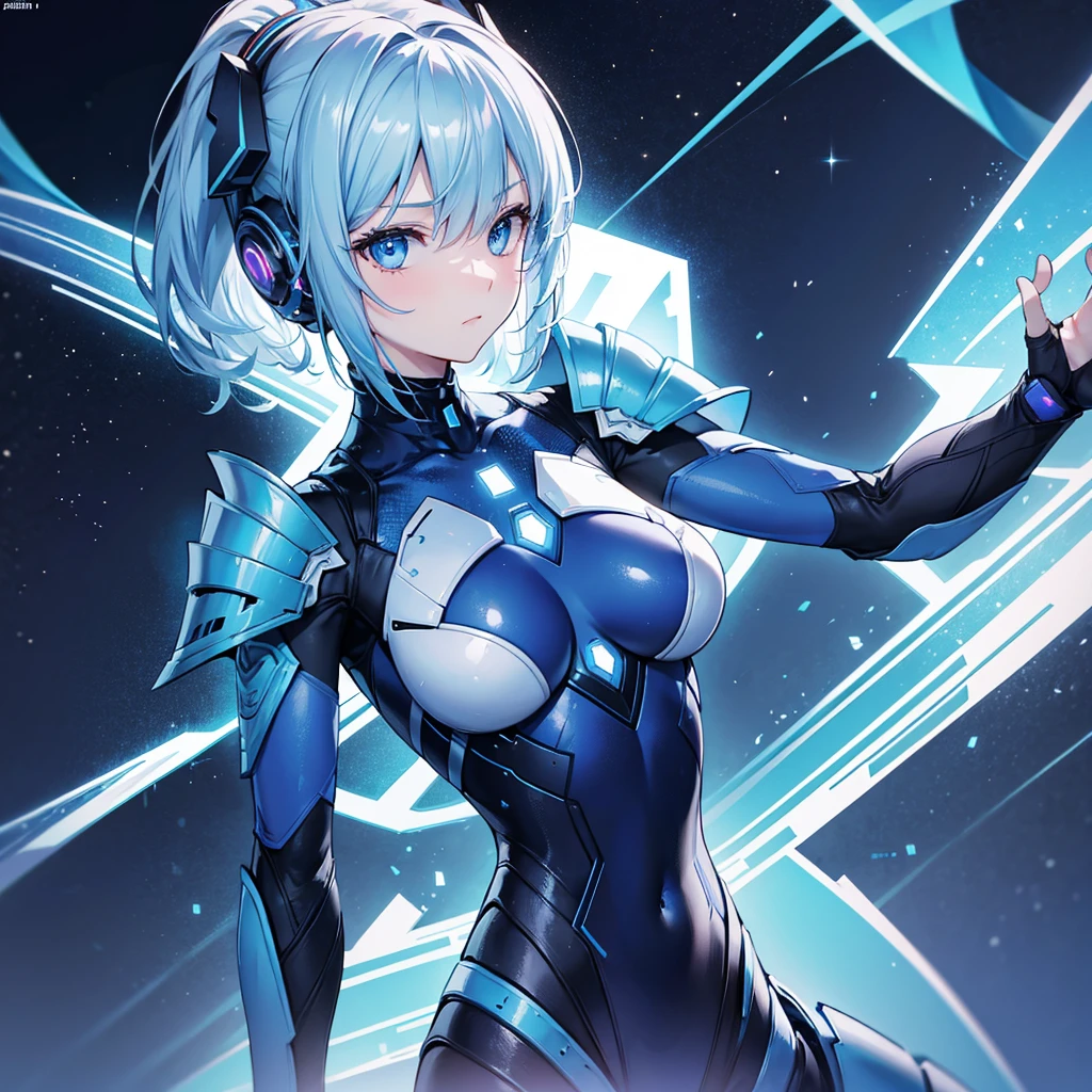 8K, Highest quality, (real:1.4), Original photo, 1 girl, Asari Hair, Biological Amplifier, refined armor, posture: Peace talks between warring factions, smart blue eyes
