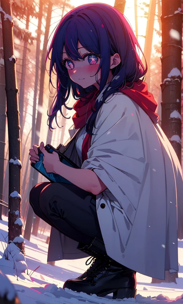 aihoshino, Ai Hoshino, Long Hair, bangs, (Purple eyes:1.1), Purple Hair, (Symbol-shaped pupil:1.5), smile,,smile,blush,White Breath,
Open your mouth,snow,Ground bonfire, Outdoor, boots, snowing, From the side, wood, suitcase, Cape, Blurred, , forest, White handbag, nature,  Squat, Mouth closed, Cape, winter, Written boundary depth, Black shoes, red Cape break looking at viewer, Upper Body, whole body, break Outdoor, forest, nature, break (masterpiece:1.2), Highest quality, High resolution, unity 8k wallpaper, (shape:0.8), (Beautiful and beautiful eyes:1.6), Highly detailed face, Perfect lighting, Extremely detailed CG, (Perfect hands, Perfect Anatomy),