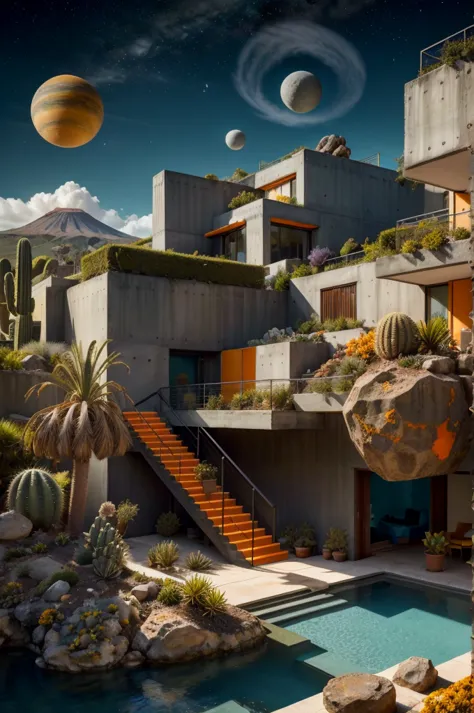 an illustration in collage style, with giant boulders, brutalist building sections, terraces, stairs, cacti, agave, concrete tex...