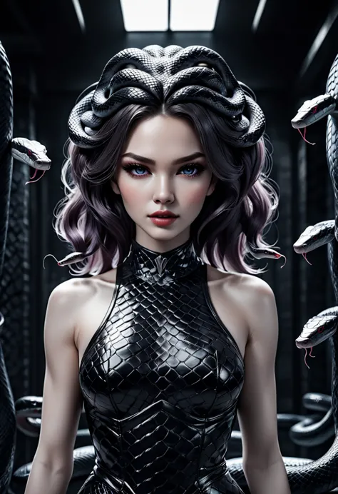 dark fantasy art a medusa having snake twin tails, a most beautiful medusa, reptilian eyes, pale skin, having twin tails, (twin ...