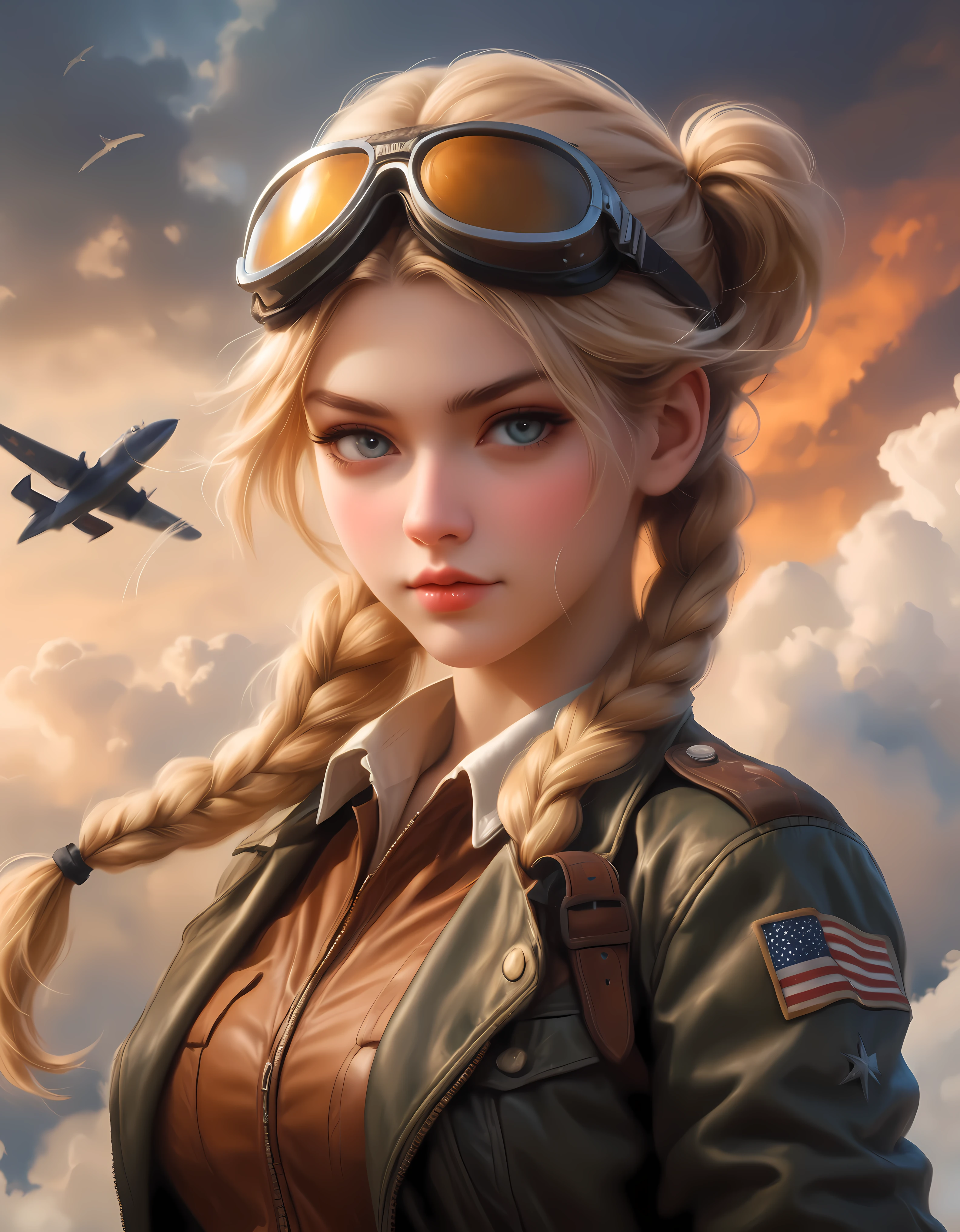 ((Masterpiece in maximum 16K resolution):1.6),((soft_color_photograpy:)1.5), ((Ultra-Detailed):1.4),((Movie-like still images and dynamic angles):1.3), ((Ultra wide angle):1.5) | Create a detailed propaganda poster featuring a double image of a female World War II pilot and a majestic cloudy blue sky. The female pilot should be prominently displayed, wearing a classic World War II combat suit with a leather jacket, leather cap, and goggles. She has blonde hair styled in long braided twin tails and a focused, determined expression. ((braided twin tail hairstyle):1.2). The pilot's image should be bold and inspiring, evoking strength and courage. | Next to or behind the pilot, depict a detailed image of a dramatic sky backdrop filled with clouds. | The poster should have a vintage look with bold, patriotic colors like red, white, blue, and sepia tones. The overall design should convey a sense of urgency, patriotism, and determination, capturing the spirit of the era and encouraging enlistment and support for the war effort. | Rendered in ultra-high definition with UHD and retina quality, this masterpiece ensures anatomical correctness and textured skin with super detail. With a focus on high quality and accuracy, this award-winning portrayal captures every nuance in stunning 16k resolution, immersing viewers in its lifelike depiction. | ((perfect_composition, perfect_design, perfect_layout, perfect_detail, ultra_detailed)), ((enhance_all, fix_everything)), More Detail, Enhance.
