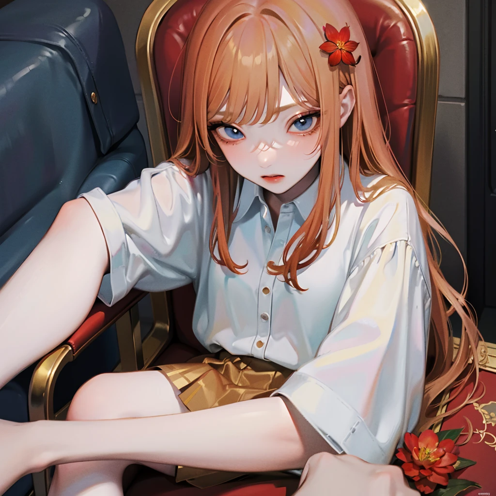 masterpiece, Highest quality, 8k wallpaper, Very detailed, A girl about 12 years old, (Golden Hair:1.1), Long Hair, fine grain、(Red Skirt)、 White dress shirt,(A single large red flower hair ornament:1.1)，Light blue eyes、drunken eyes ，looking down、embarrassed，ceiling，Sitting in a chair、barefoot、footjob、Panties partially removed，Spread your legs