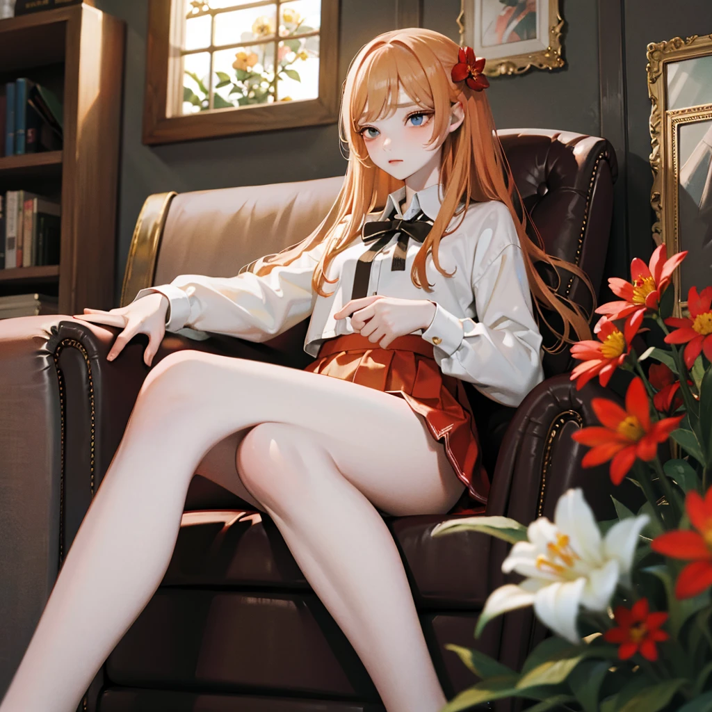 masterpiece, Highest quality, 8k wallpaper, Very detailed, A girl about 12 years old, (Golden Hair:1.1), Long Hair, fine grain、(Red Skirt)、 White dress shirt,(A single large red flower hair ornament:1.1)，Light blue eyes、drunken eyes ，looking down、embarrassed，ceiling，Sitting in a chair、barefoot、footjob、Panties partially removed，Spread your legs