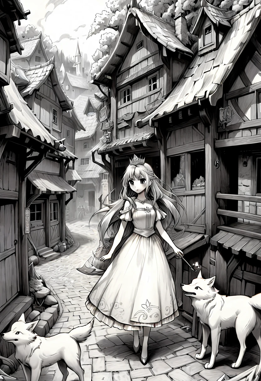 Créé un prompt pour une image :Une princesse et loup  dans un village en proie au chaos, style manga dessinée au crayon à papier  très fin