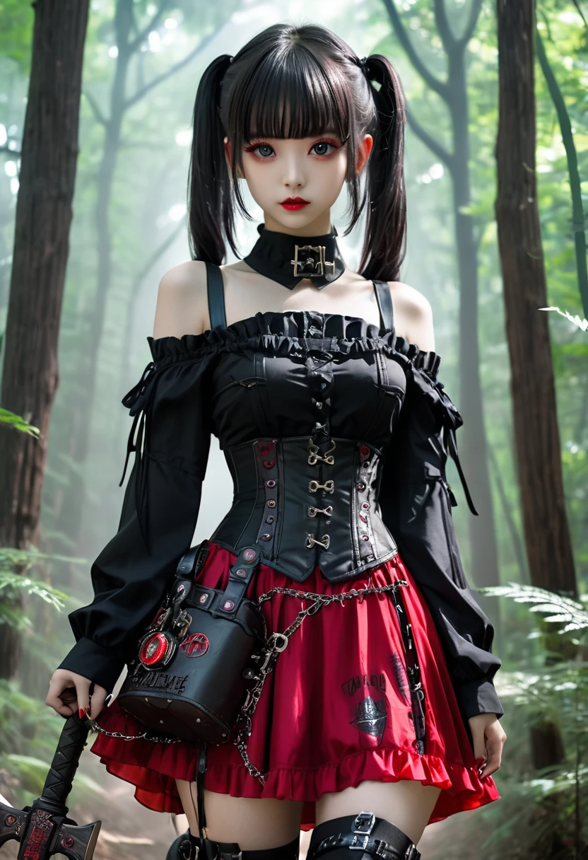 schwarze Zwillingsschwänze、Tragen Sie eine schwarze schulterfreie Lolita-Chiffonbluse、Wear a black steampunk corset、Tragen Sie einen schwarzen Gothic-Minirock、gotischer Wald、Mit einem riesigen Tomahawk、Mädchen、ganzer Körper、Das Wort &zit;Leben&zit; steht in roter Schrift auf seiner Schulter、Cyberpunk art