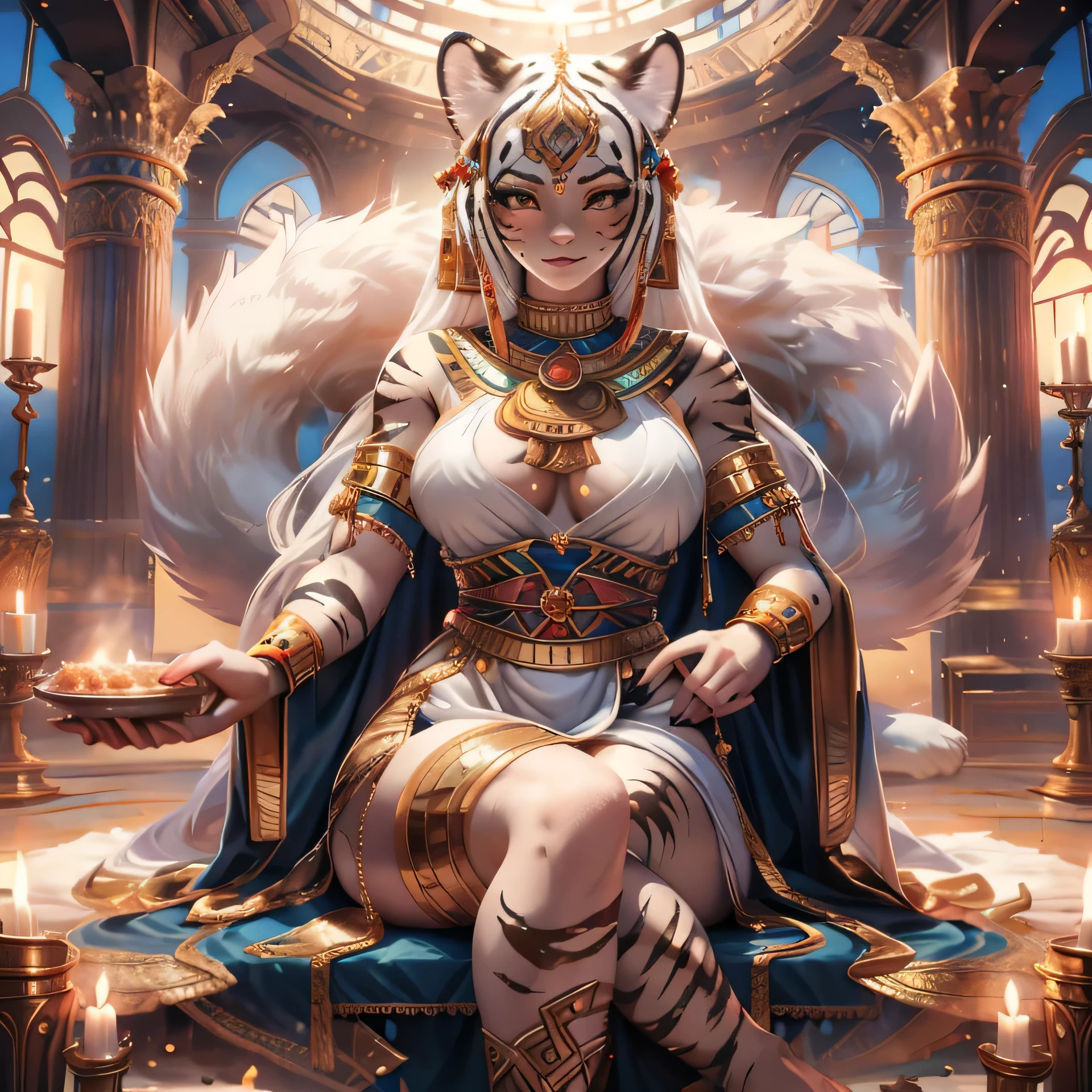 [Best quality, shadow, extreme detail, highly detailed, ultra detailed, intricate, realistic, intricate and detailed masterpiece of an Egyptian dream], the dream is of the human cat breed, she is decorated with tattoos ​​​​of complex tigers, sporting magnificent white fur, dressed in an Egyptian dress, (accompanied by his faithful white tiger companion), in a heavenly setting