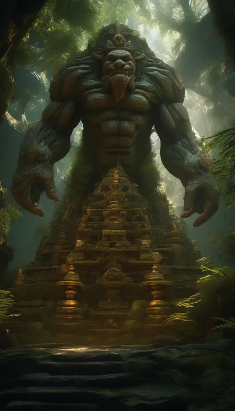 masterpiece, high resolution,8k,a temple in the deep ancient forest々standing。人間の何倍もあるhugeな怪物は、he has a muscular and sturdy build...