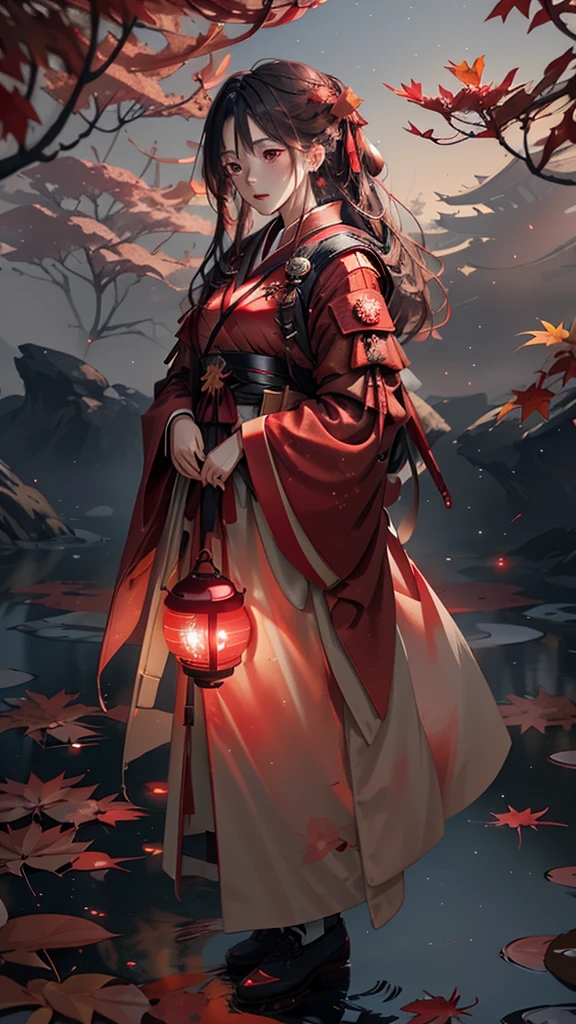 masutepiece, Best Quality,hight resolution, 1girl in, \(Red, Hanfu\), ((Moon)), Starry sky, (Lighting Particles), Fog, lantern, Autumn, Red Autumn leaves