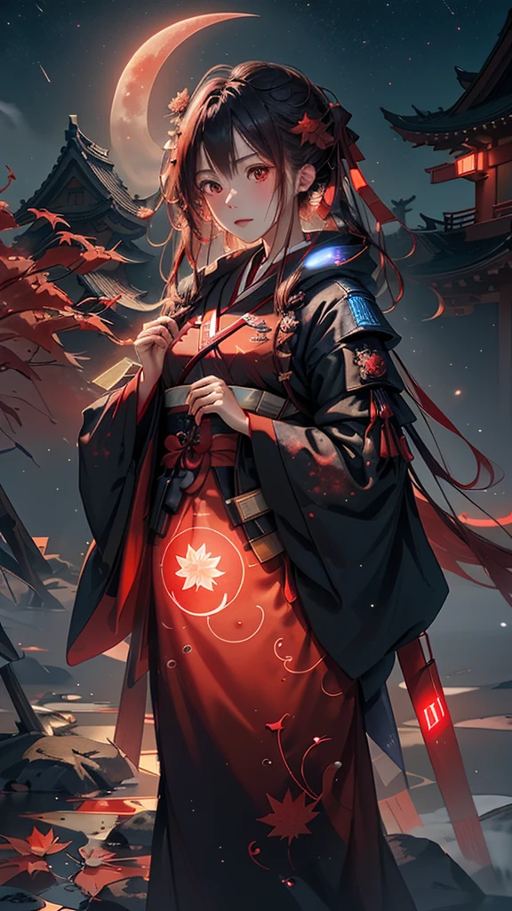 masutepiece, Best Quality,hight resolution, 1girl in, \(Red, Hanfu\), ((Moon)), Starry sky, (Lighting Particles), Fog, lantern, Autumn, Red Autumn leaves