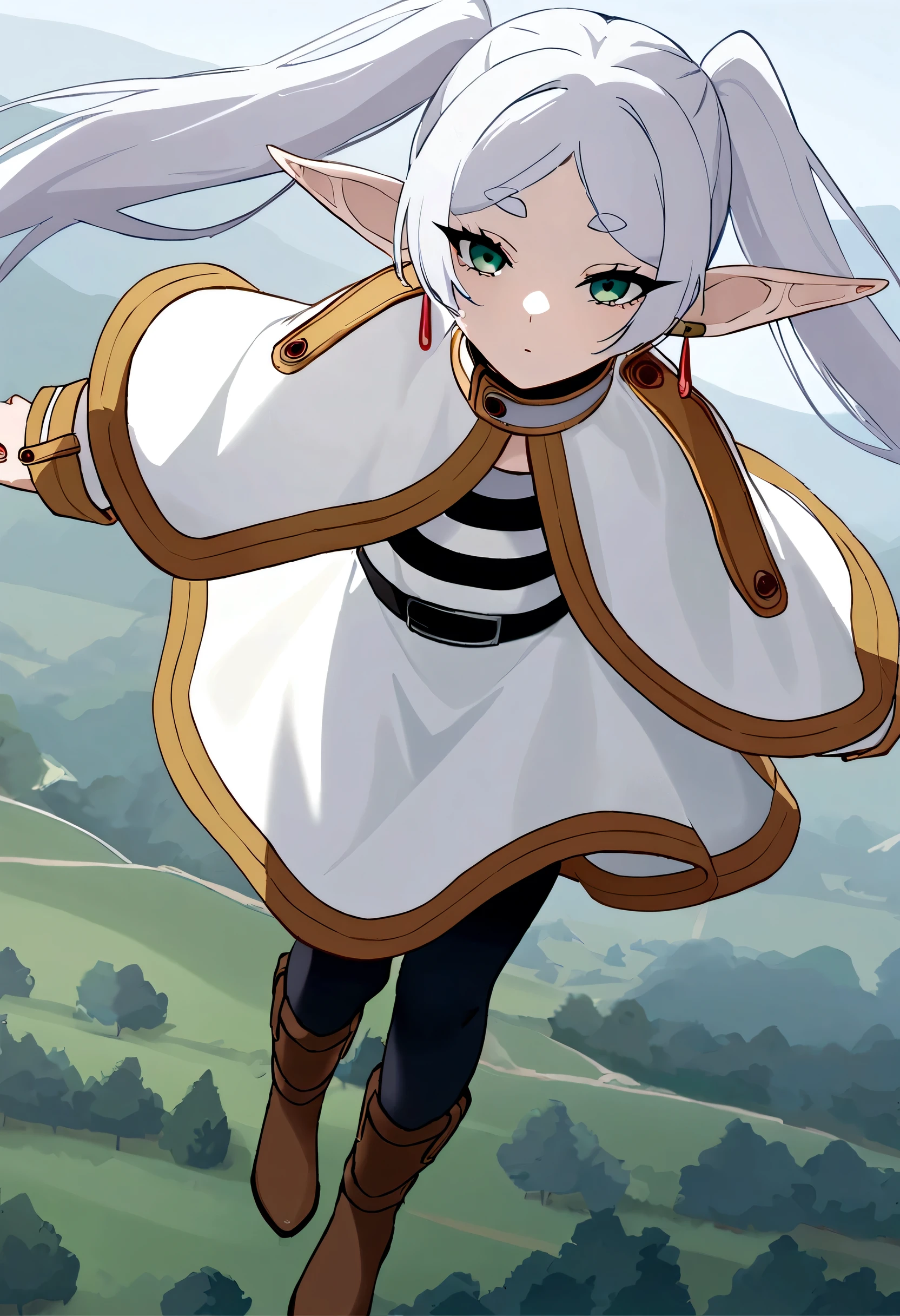 nereirfpnxl, frieren, pointy ears, 1girl, twintails, Wizard Elf, pale cisle hair collar, black pantyhose, boots, brown footwear, white jacket, white skirt, abyssal green eyes, expressionless, scenery, rural, floating down from the sky, floating clothes, from above, best quality, masterpiece, high quality, extremely detailed CG unity 8k wallpaper, cover page,
