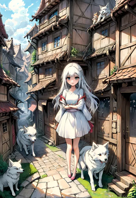 Créé un prompt pour une image :Une princesse et loup  dans un village en proie au chaos, style manga dessinée au crayon à papier...