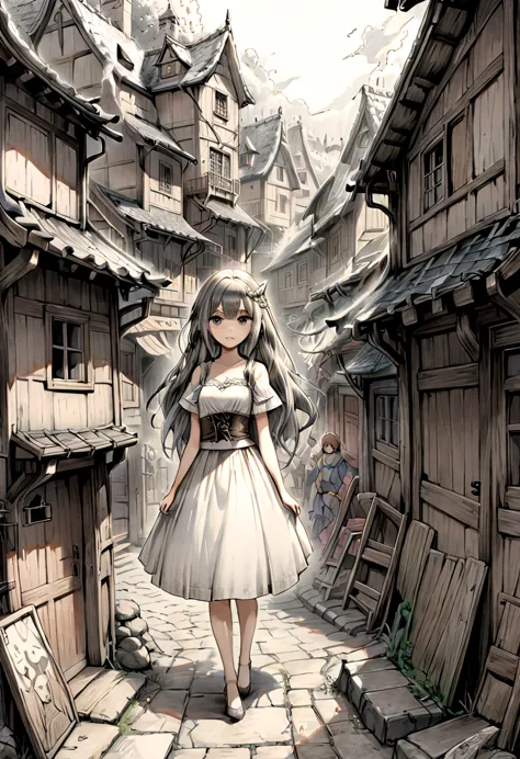 Créé un prompt pour une image :Une princesse et loup  dans un village en proie au chaos, style manga dessinée au crayon à papier...