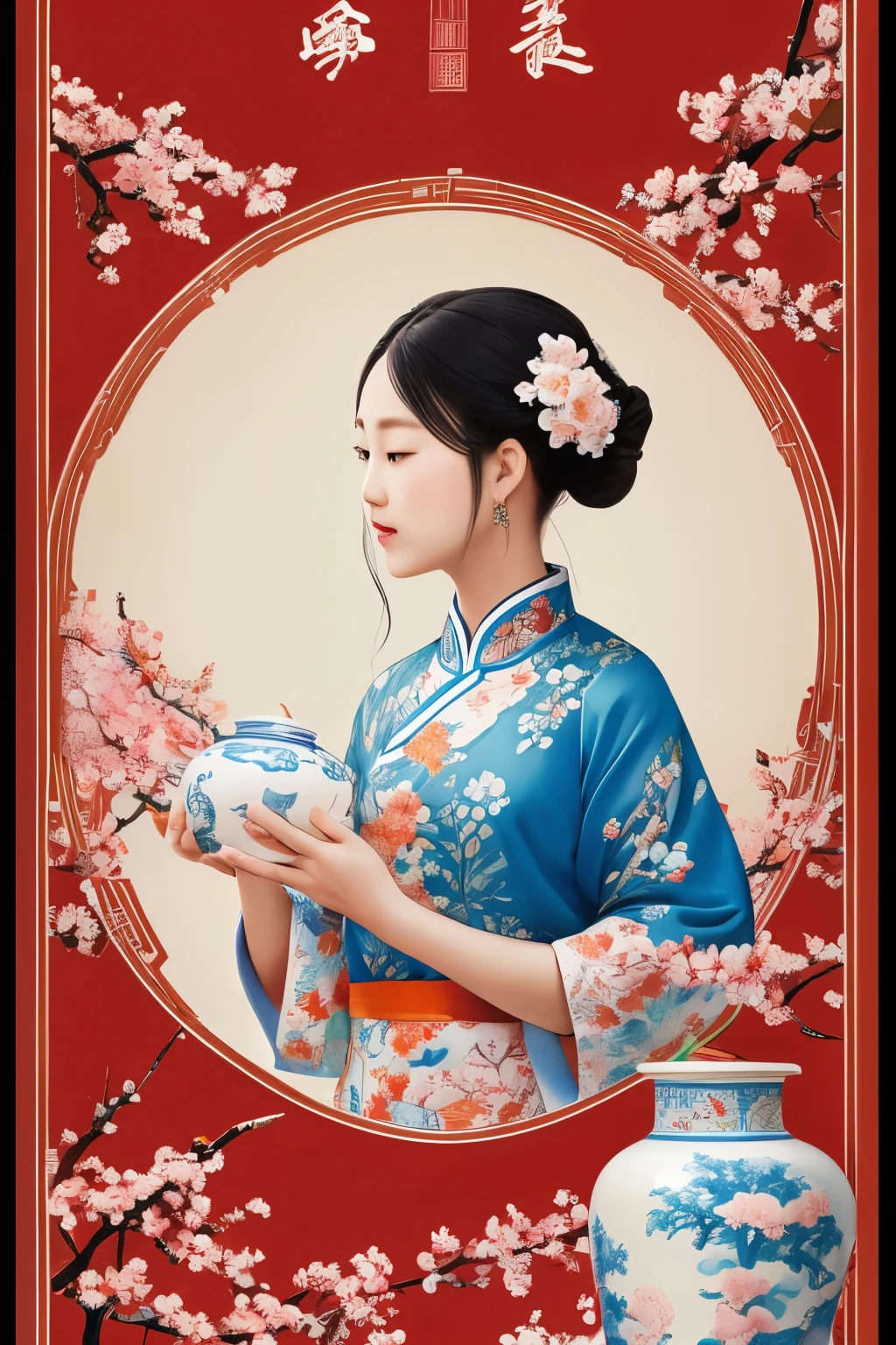 Light color,A poster for the exhibition of "a modern vase in Chinese style", featuring an illustration in the style of Chen Jialing, depicting a white porcelain jar with blue and orange patterns on it, adorned with traditional flower carvings. A girl stands next to her holding the white porcelain jar, surrounded by blooming cherry blossoms. The background is a warm red color that highlights details. --ar 3:4 --s 250 --niji 5
