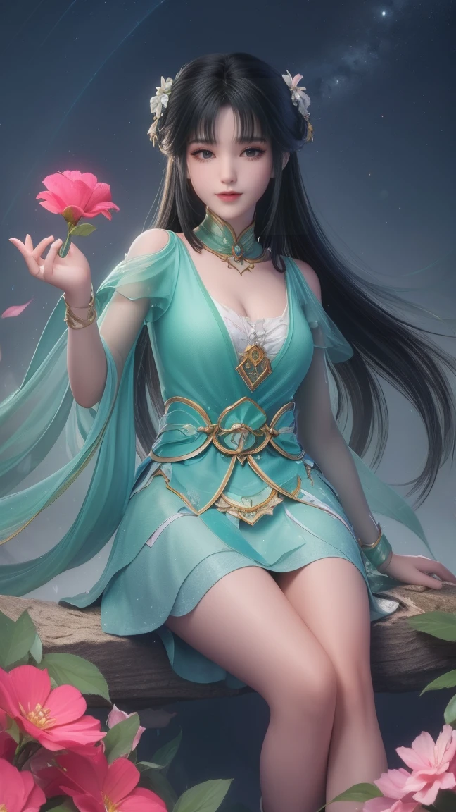 1girl, girl with long black hair, smiling, cheerful, girl is sitting among a wide expanse of flowers, surrounded by beautiful flowers, Calm and peaceful atmosphere, night, moonlight , Beautiful glowing butterflies surround the girl lighting up the darkness of the night, magic,Romantic, the night breeze blows the Sepoi Sepoi girl's hair, 