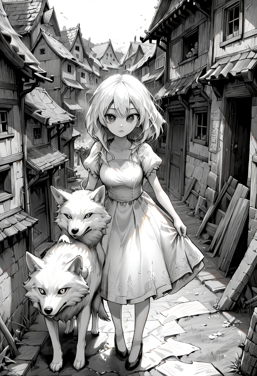 Créé un prompt pour une image :Une princesse et loup  dans un village en proie au chaos, style manga dessinée au crayon à papier  très fin monochrome noi et blanc 