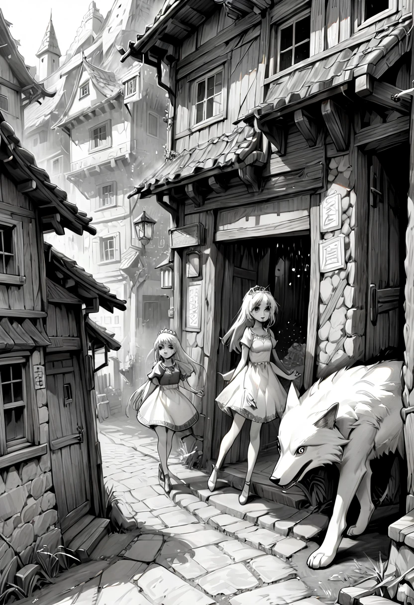 Créé un prompt pour une image :Une princesse et loup  dans un village en proie au chaos, style manga dessinée au crayon à papier  très fin monochrome noi et blanc 