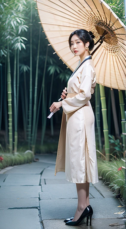 masterpiece, Extremely detailed CG unity 8k wallpaper, 1 girl, beautiful, Practical, vague, vague的背景, vague的前景, bamboo forest, Depth of Field, earrings, Jewelry, nose, Solitary, Hanfu, Holding a paper umbrella, rain，Flesh-colored pantyhose，High heel