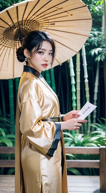 masterpiece, Extremely detailed CG unity 8k wallpaper, 1 girl, beautiful, Practical, vague, vague的背景, vague的前景, bamboo forest, Depth of Field, earrings, Jewelry, nose, Solitary, Hanfu, Holding a paper umbrella, rain，Flesh-colored pantyhose，High heel