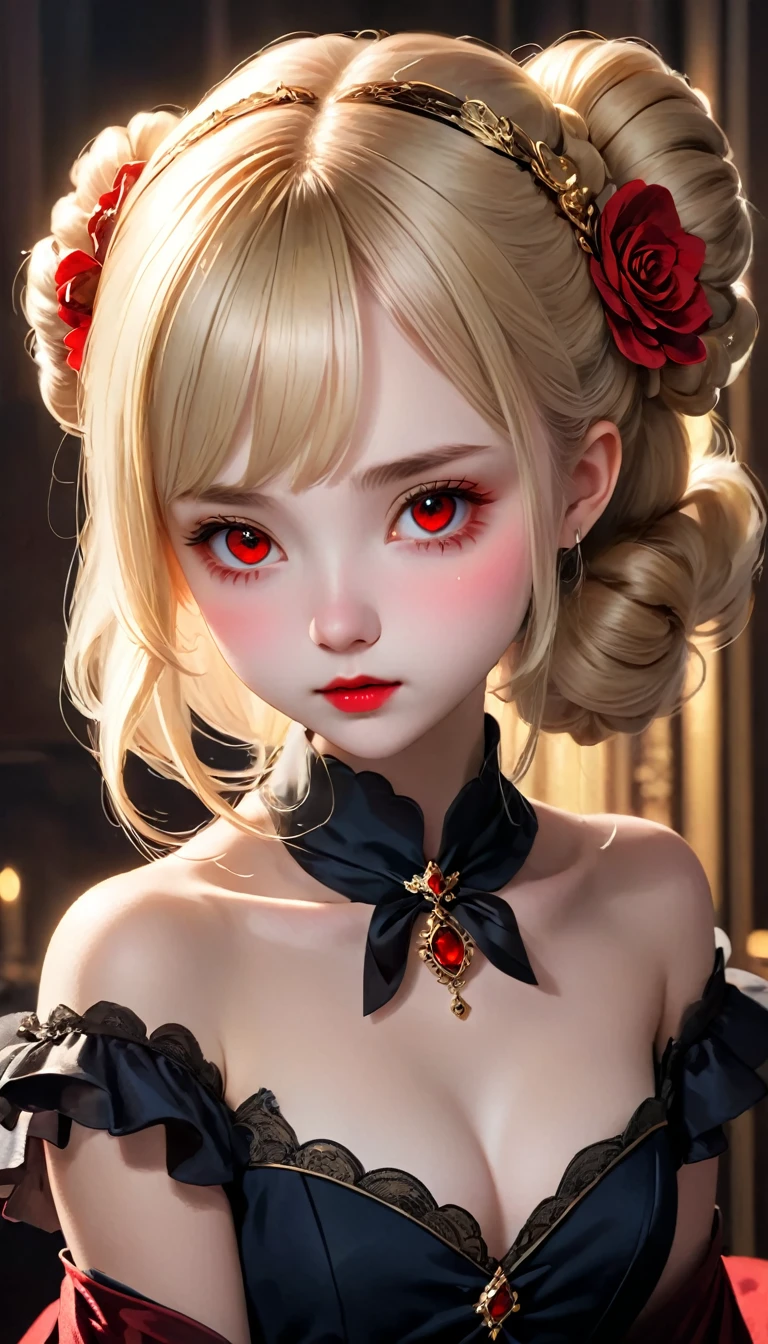 A girl drawn in great detail、Unparalleled beauty、Cute face、Little red cheeks and nose、Ultra-detailed eye、Very detailed顔と瞳、Small Nose、(((vampire、Pure white skin、Red eyes、Black Lips、Expressionless)))、Dark fantasy、Expressions of eroticism、Hair Bun、blonde、Elegant dress、Small breasts、capital of、Dark reception room、Luxurious ornaments、Dim lighting、Dim lighting、masterpiece、Highest quality、Super Resolution、Best image quality、Very detailed、