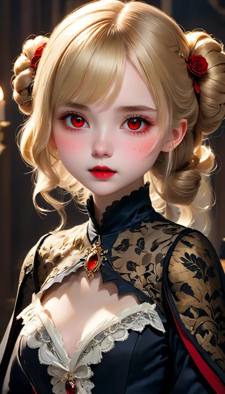 A girl drawn in great detail、Unparalleled beauty、Cute face、Little red cheeks and nose、Ultra-detailed eye、Very detailed顔と瞳、Small Nose、(((vampire、Pure white skin、Red eyes、Black Lips、Expressionless)))、Dark fantasy、Expressions of eroticism、Hair Bun、blonde、Elegant dress、Small breasts、capital of、Dark reception room、Luxurious ornaments、Dim lighting、Dim lighting、masterpiece、Highest quality、Super Resolution、Best image quality、Very detailed、