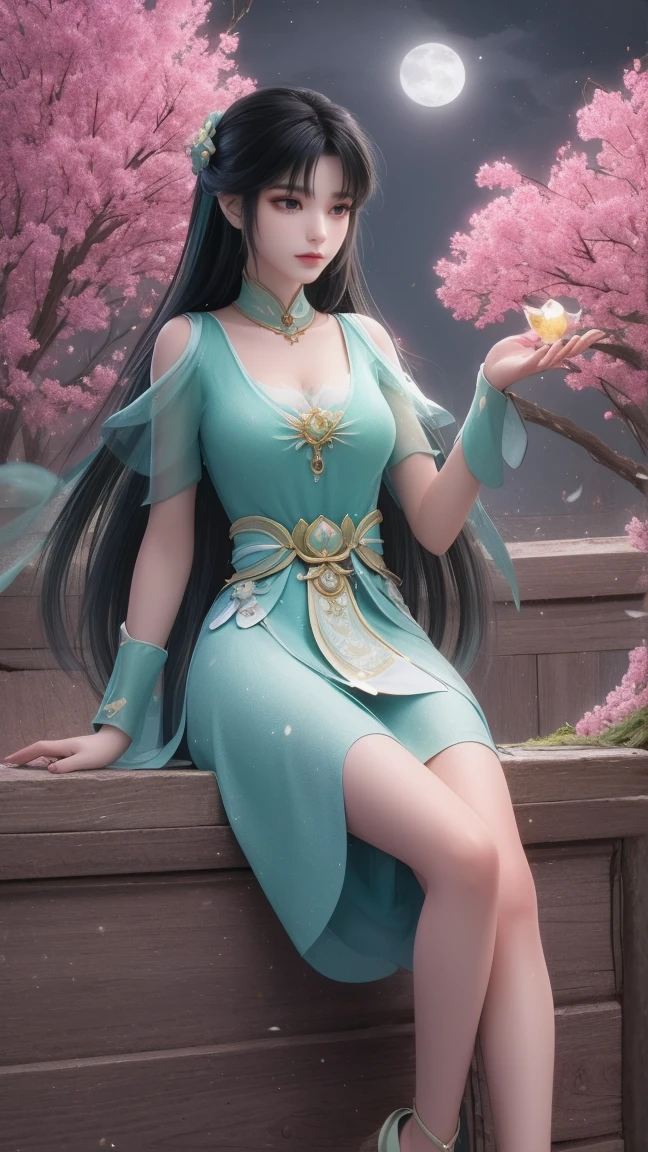 1girl, girl with long black hair, smiling, cheerful, girl is sitting among a wide expanse of flowers, surrounded by beautiful flowers, Calm and peaceful atmosphere, night, moonlight , Beautiful glowing butterflies surround the girl lighting up the darkness of the night, magic,Romantic, the night breeze blows the Sepoi Sepoi girl's hair, 