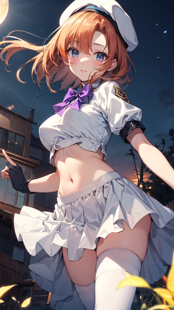 Twilight,Orange sun,Rena Ryuuguu, Orange Hair, short hair, blue eyes,Mountain of bulky trash,Narrow waist,Normal size breasts,
(White Beret), bow, bowtie,(White Dress:1.2),White Skirt,Have, puffy Short sleeve, Puffy sleeves, purple bow, purple bowtie, Short sleeve, Black knee socks, zettai ryouiki,blush,(From below:1.3),(Skirt lift up to the navel:1.5), (Skirt roll up:1.3),stand,(Leg spread:1.3),No underwear,masterpiece,Noise Reduction,Perfect Anatomy,High resolution, Super detailed,Game CG,Dutch Angle ,Beautiful attention to detail,Visual Arts,Five Fingers, Perfect hands, Perfect lighting,